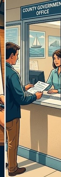 Submitting boat registration paperwork at county government office window