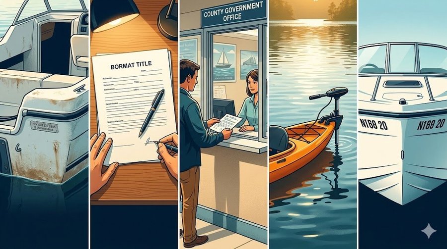 Boat registration process illustrated — HIN verification, title signing, county office, kayak registration, hull number display